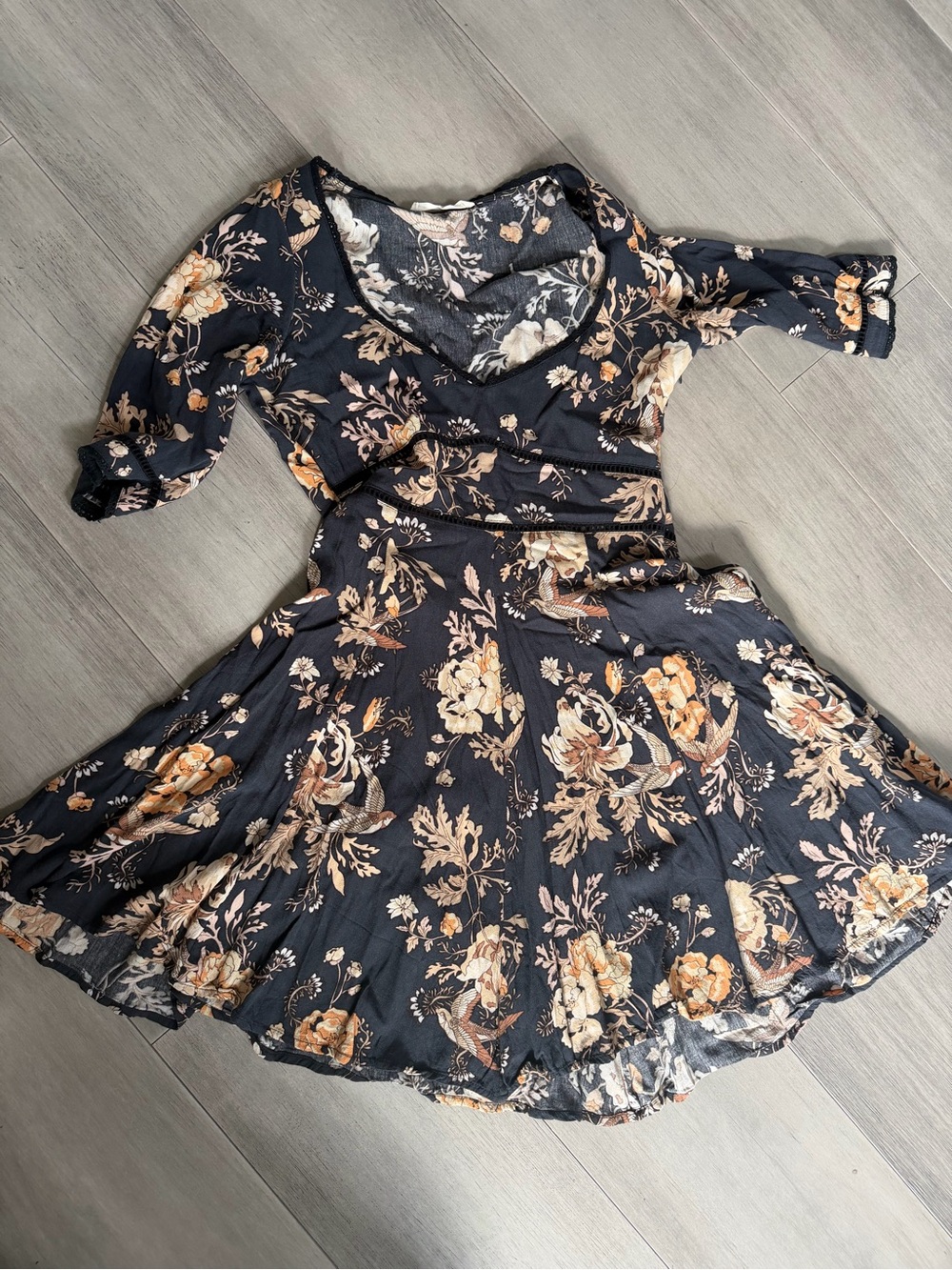 Spell Navy Floral Midi Dress with Cream & Peach Floral Print